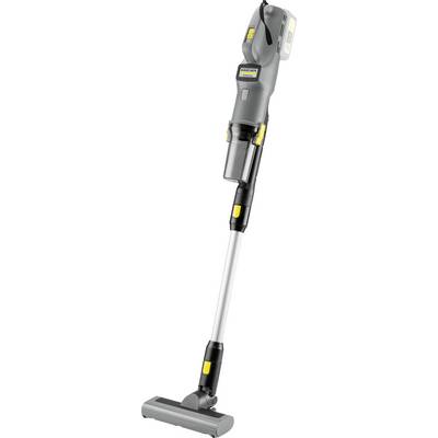 A sleek, gray cordless vacuum cleaner with yellow accents, featuring a long handle, designed for efficient floor cleaning.