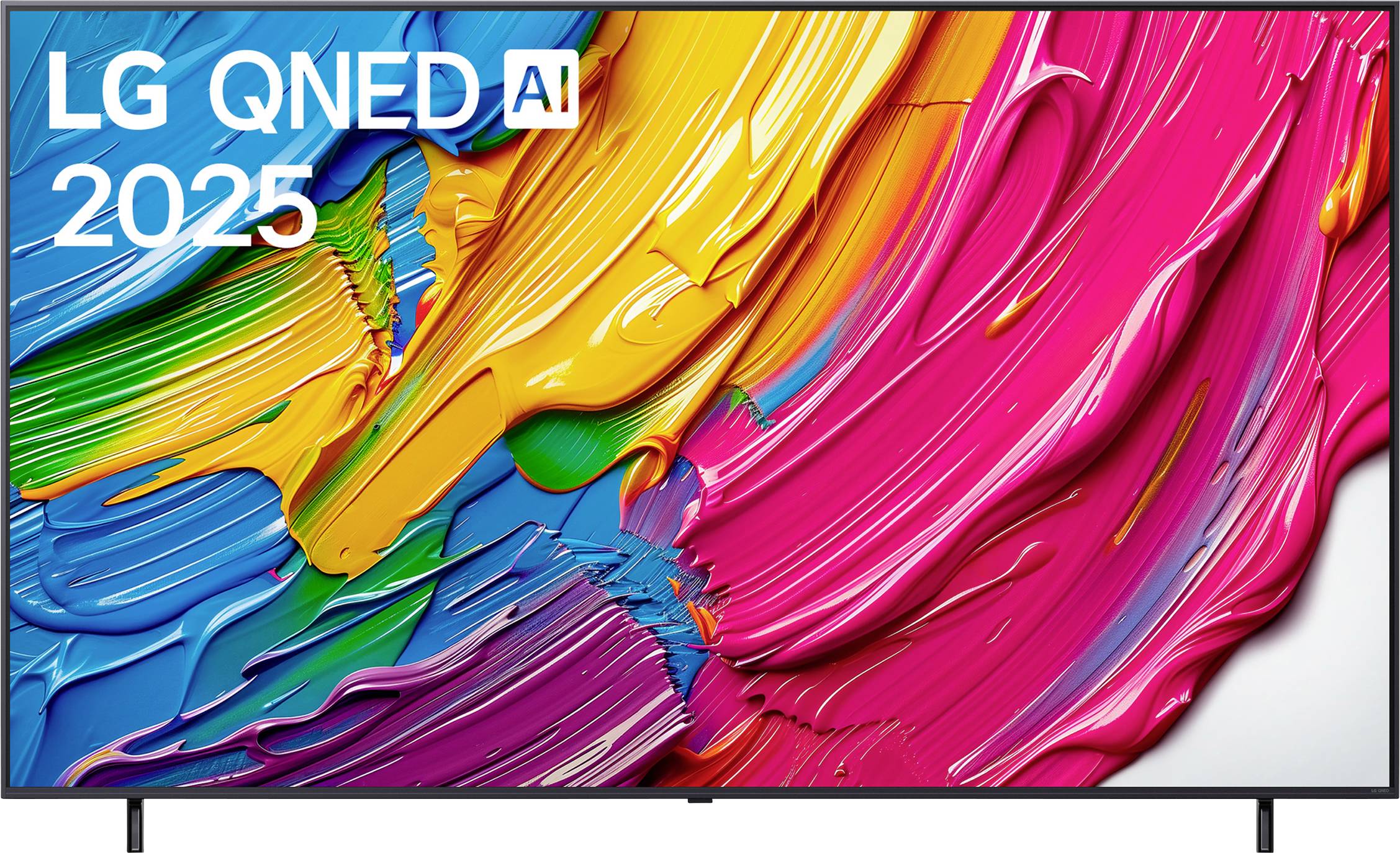 A television displaying vibrant brush strokes in pink, yellow, blue, and orange. Text reads 'LG QNED AI 2025' in the top left corner.