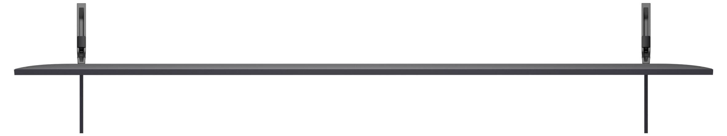 'A long, narrow black floating shelf with wall mounts, viewed from the front.'