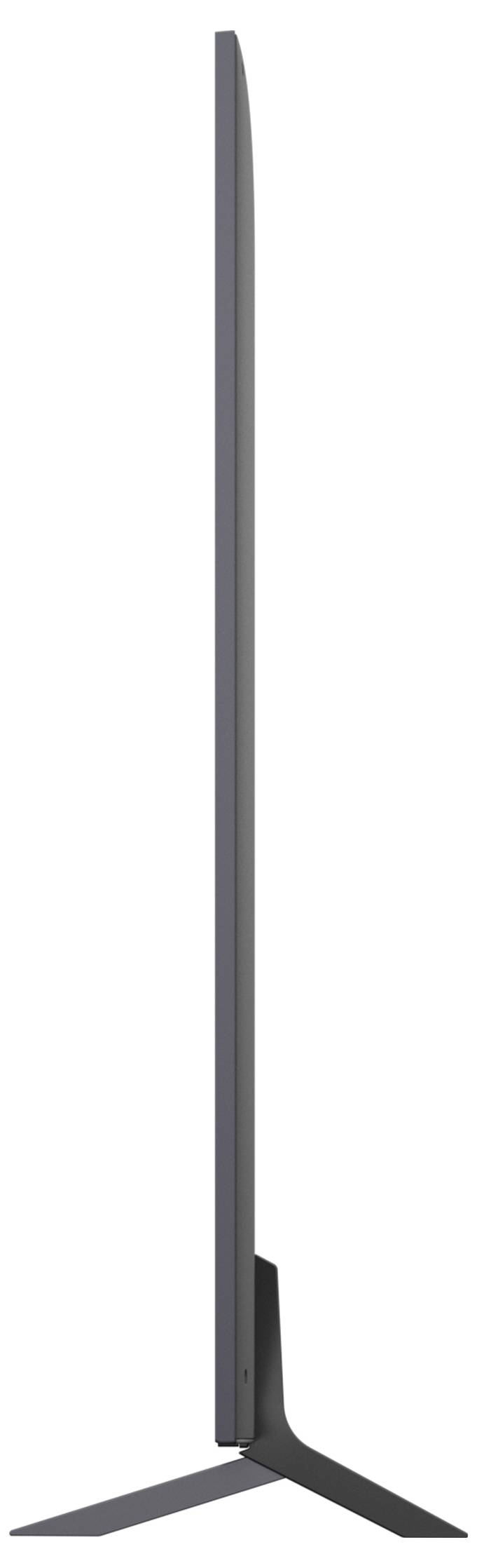 A thin, side view of a flat-screen television with a sleek stand, showcasing the minimalist design and slim profile of the device.
