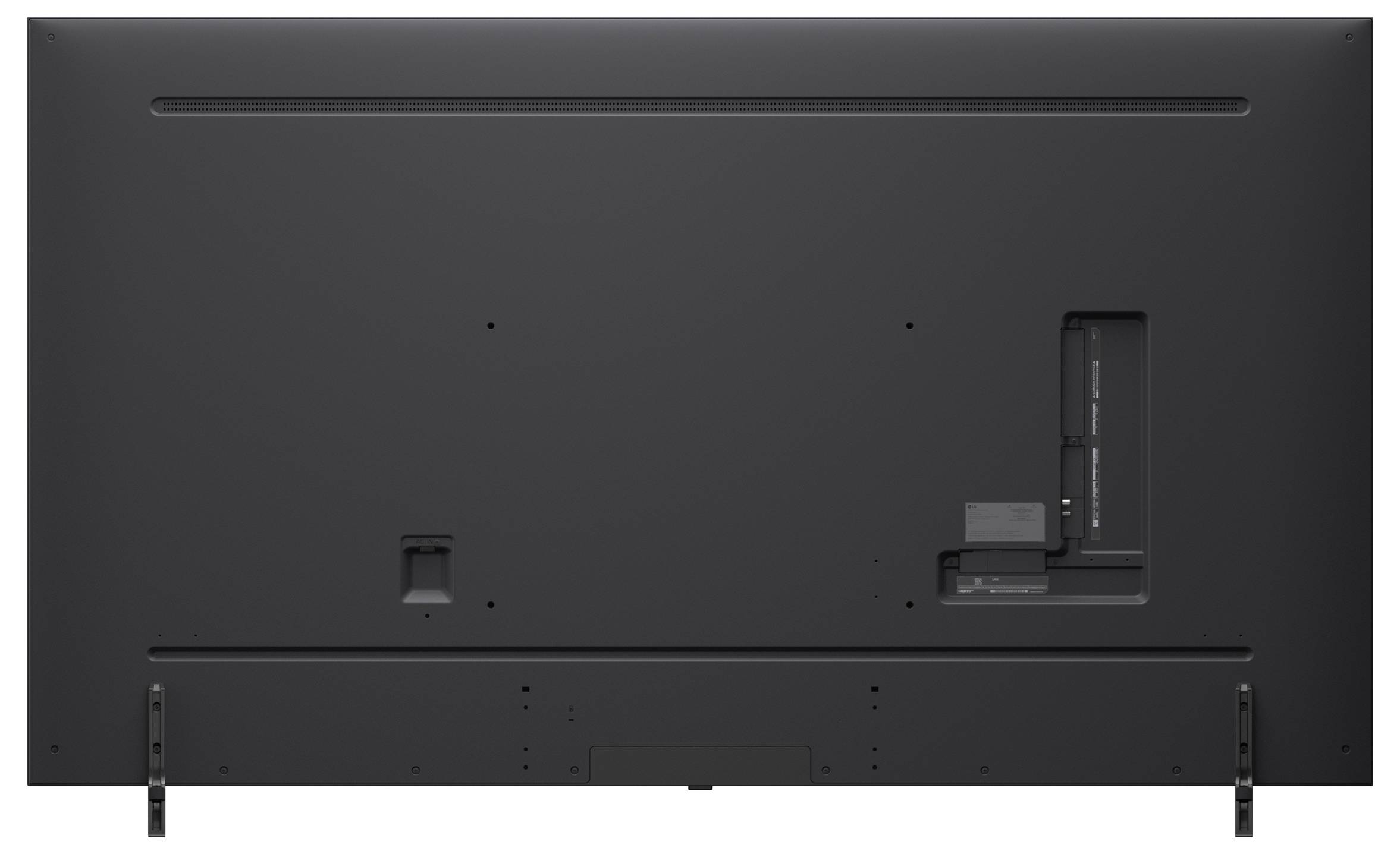 Back view of a flat-screen TV, showing ports and mounting points, with a sleek black finish and stand attachment areas visible.