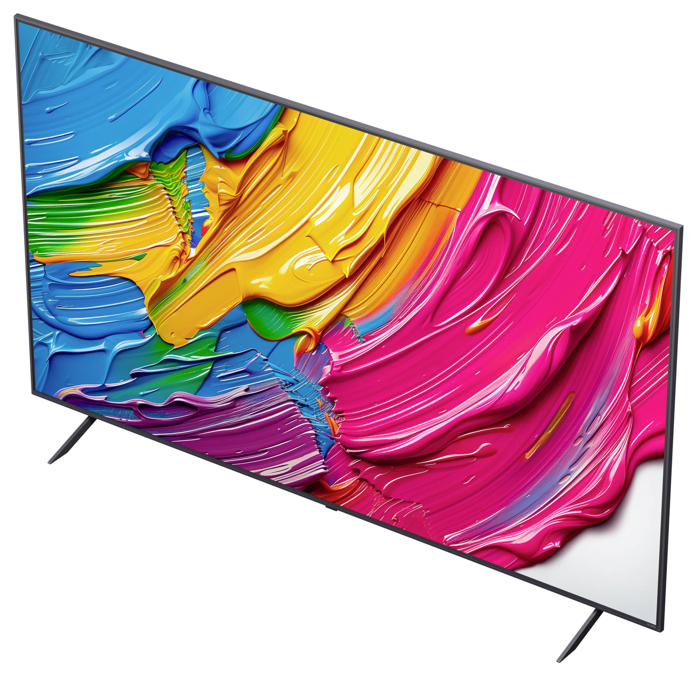 A flat-screen TV displays a vibrant abstract image with bright swirls of blue, yellow, pink, orange, and green paint.