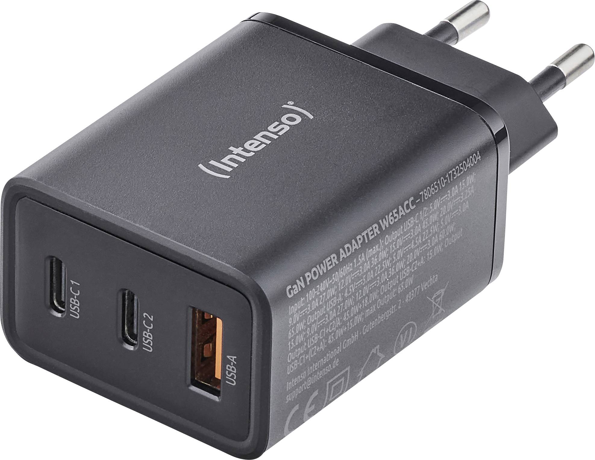 'Intenso' GaN power adapter with two USB-C and one USB-A port, designed for efficient charging.
