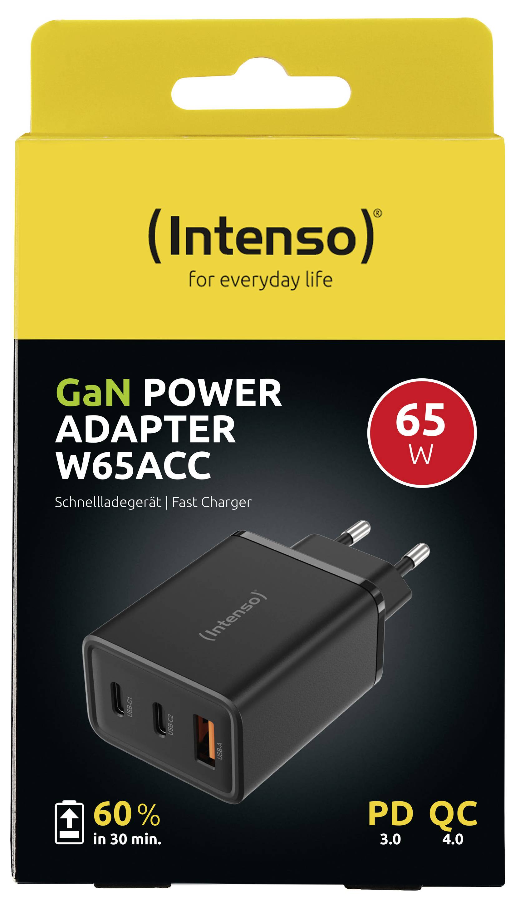 Box packaging for 'Intenso GaN Power Adapter W65ACC', featuring a 65W power rating and compatible with PD 3.0 and QC 4.0 fast charging.