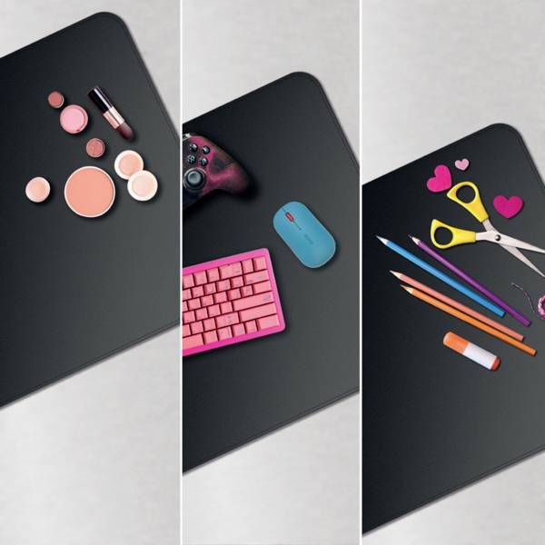 A triptych image. Left: Makeup items on a black surface. Middle: Video game controller, mouse, and keyboard. Right: Scissors, pencils, glue, and paper hearts.