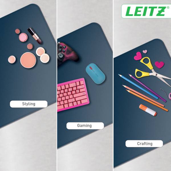 The image shows three vertical panels with different items for 'Styling', 'Gaming', and 'Crafting', each with relevant objects like makeup, a controller with a mouse and keyboard, and crafting tools. 'LEITZ' logo at the top.