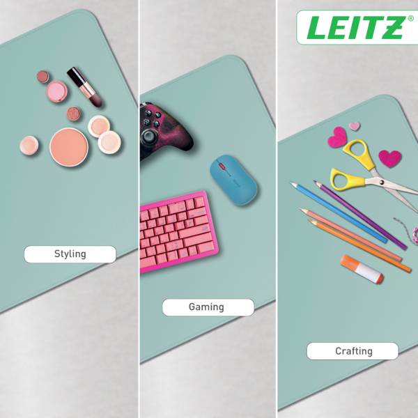 Three panels showing different activities: 'Styling' with cosmetics, 'Gaming' with a controller and mouse, 'Crafting' with scissors and pens.