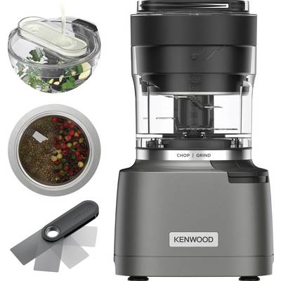Kitchen appliance set: includes a Kenwood blender labeled 'CHOP' and 'GRIND', a container with chopped ingredients, a spice mix, and a dual-blade accessory.