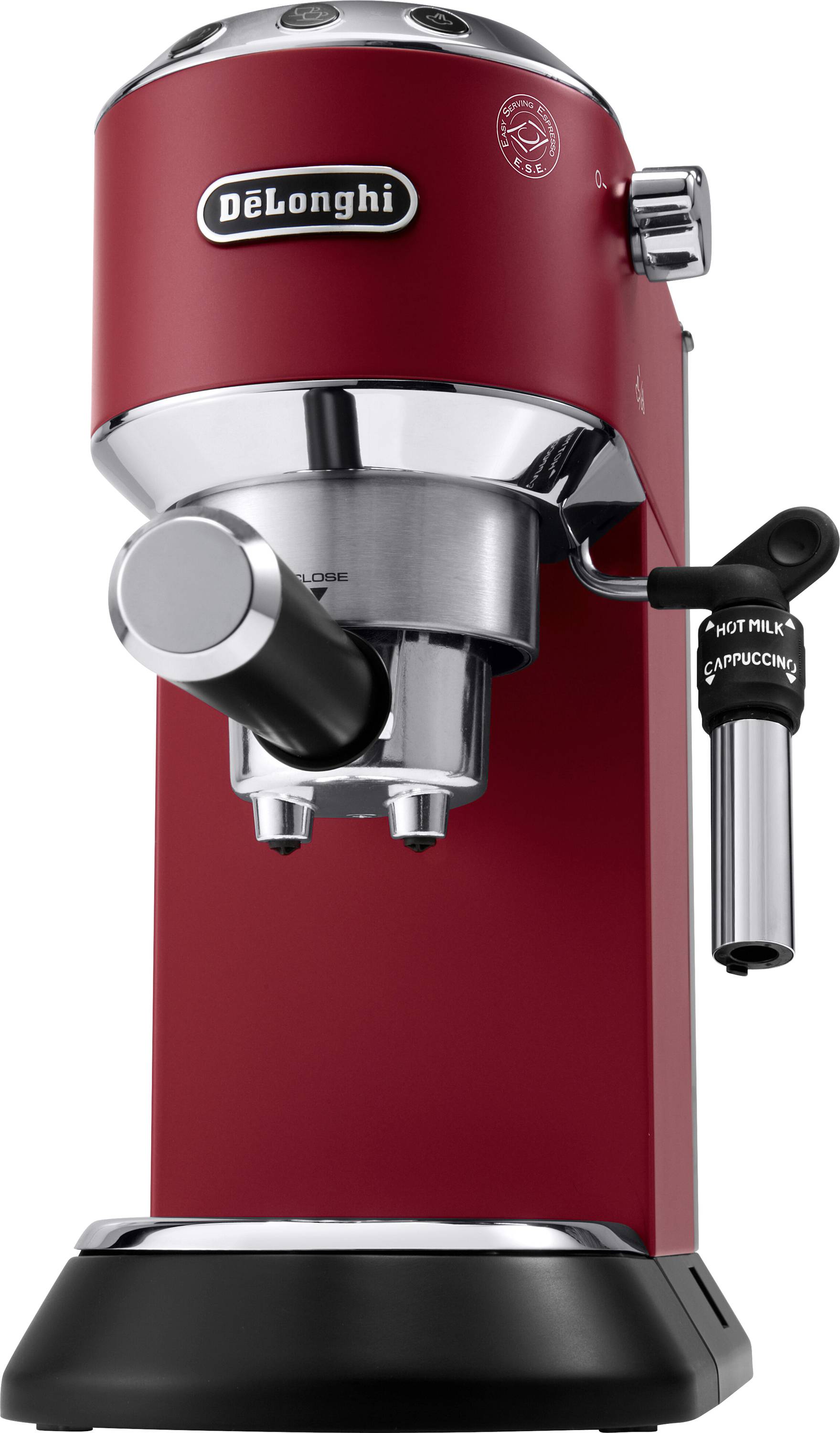 A red espresso machine with a milk frother, branded 'DeLonghi', designed for home use.