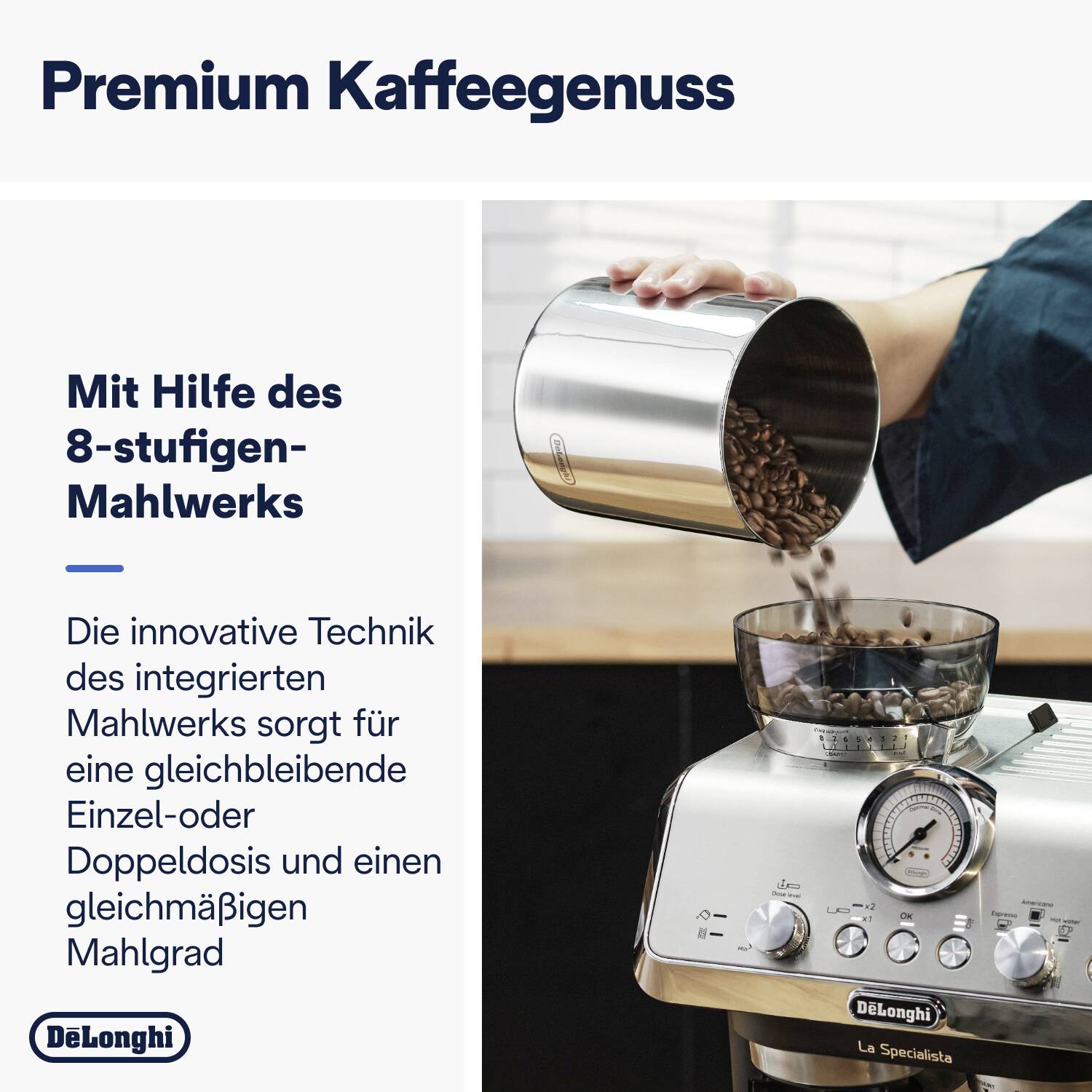 A person is pouring coffee beans into a DeLonghi coffee machine. Text on the left describes the advantages of the 8-stage grinding technology.