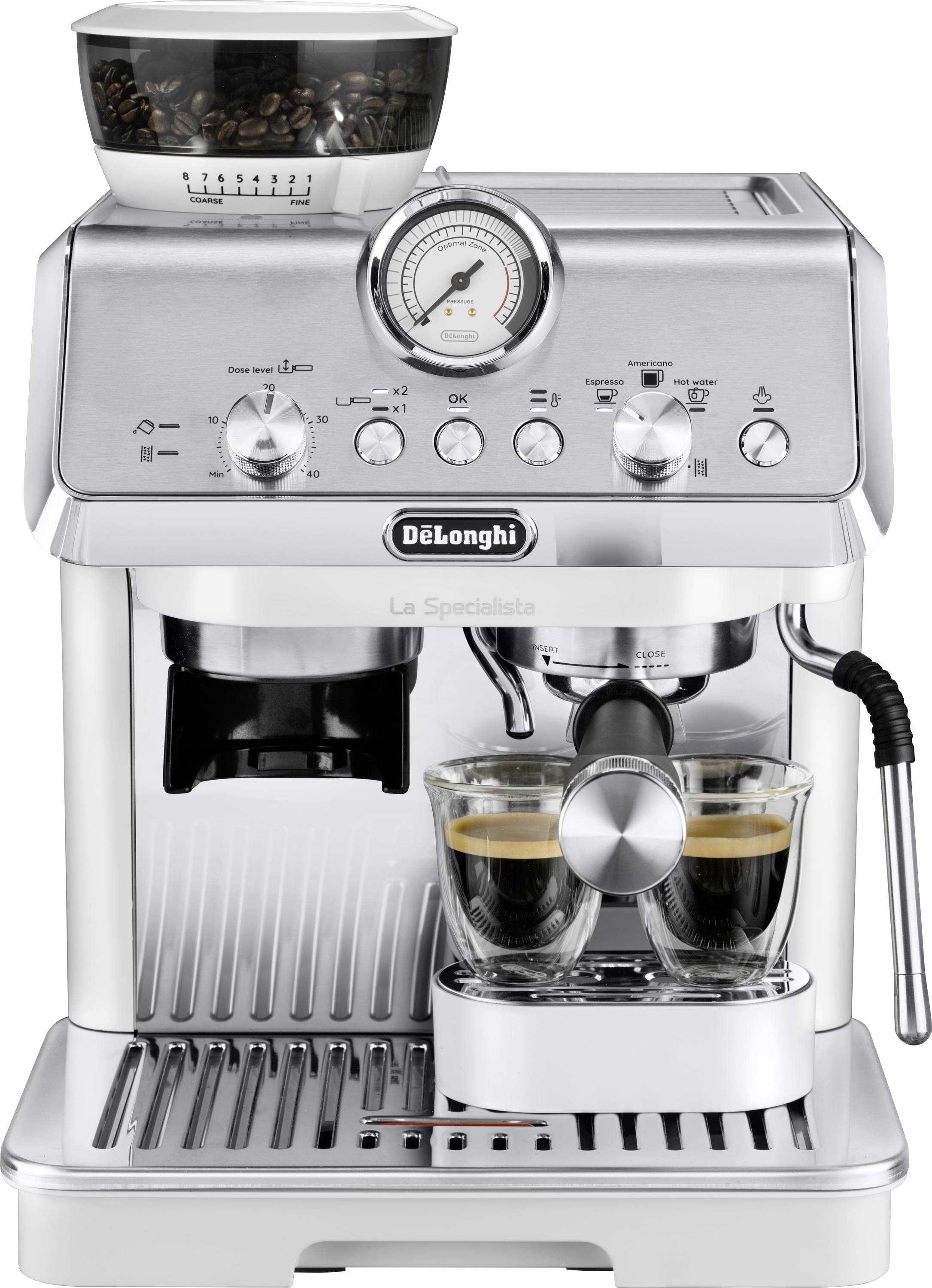 Coffee machine brewing two espresso shots, featuring a built-in grinder and pressure gauge on a sleek stainless steel design.