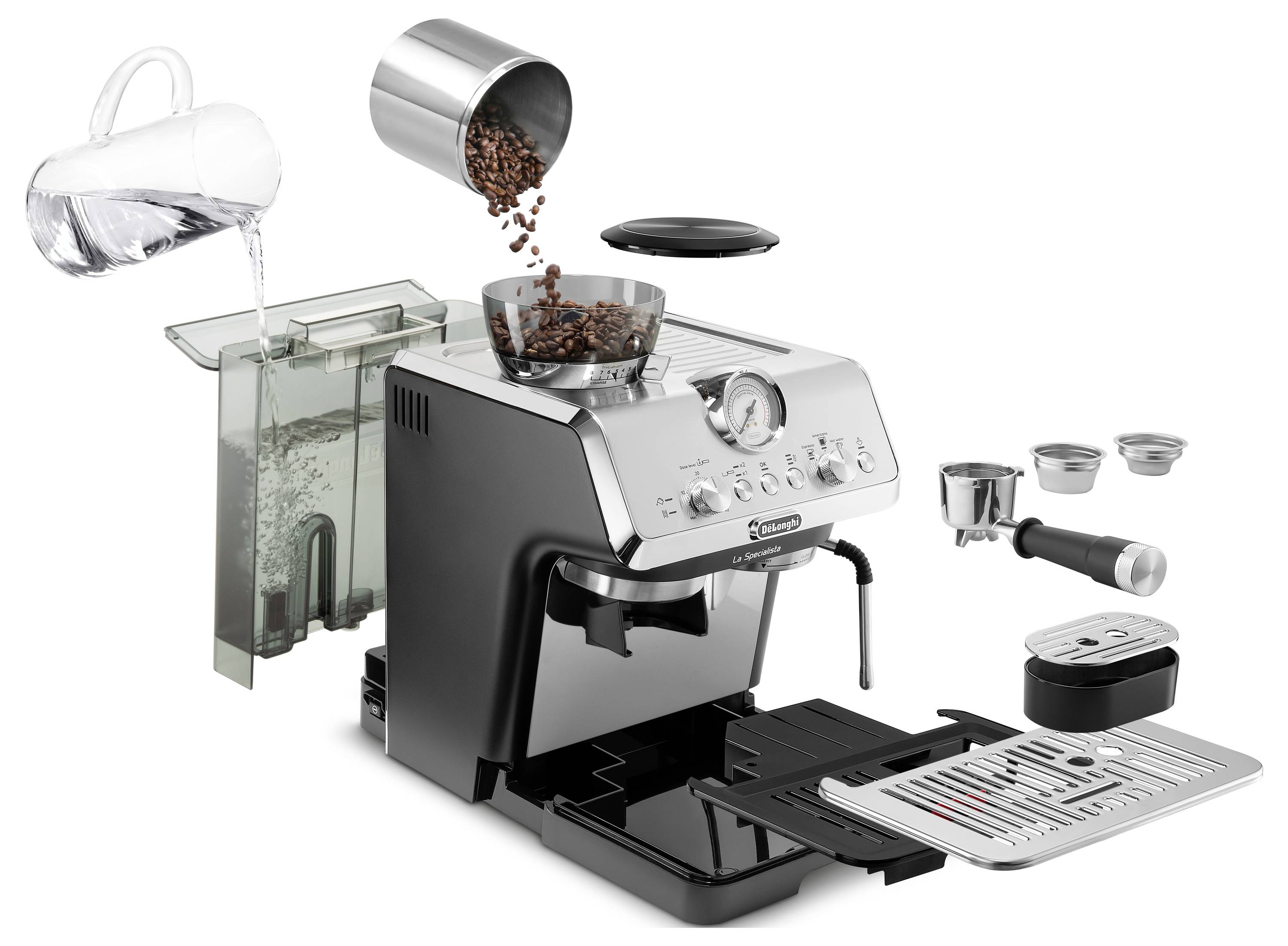 Espresso machine with coffee beans being poured into the grinder and water into the reservoir. Includes portafilter and removable drip tray.