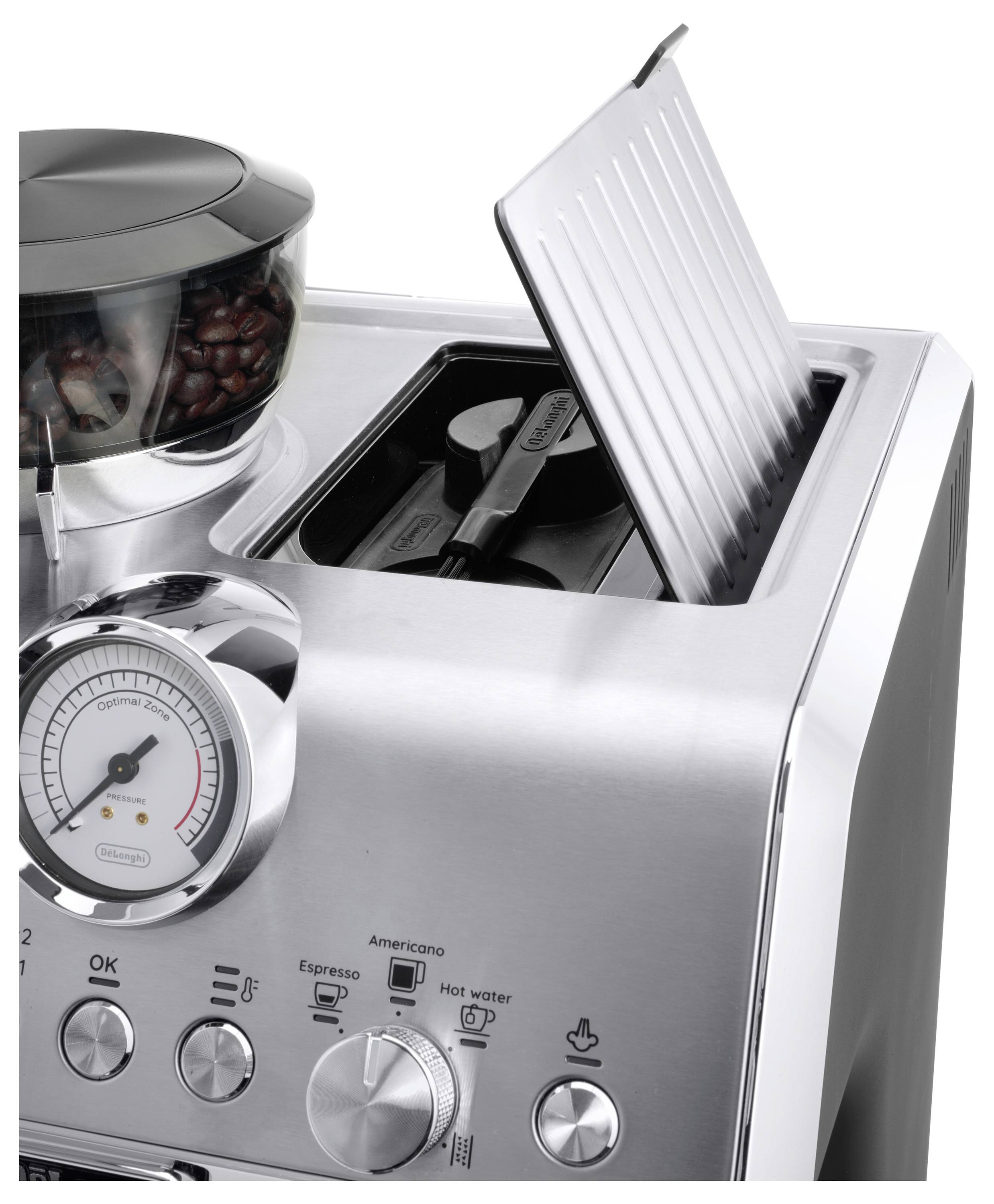 Espresso machine with pressure gauge, bean grinder on top, and open panel for coffee grounds. Buttons for espresso, hot water, and settings.