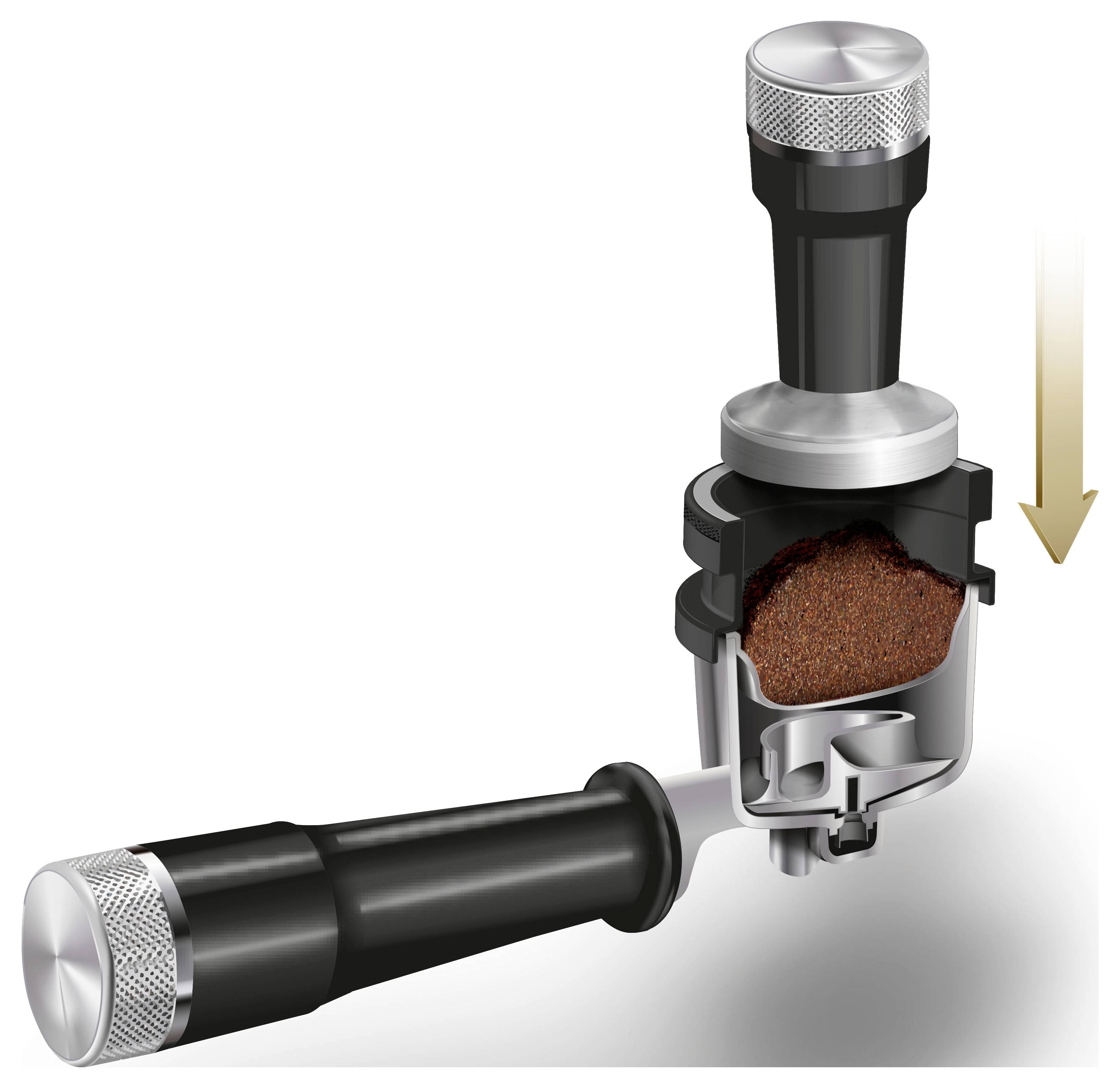 A portafilter with coffee grounds being tamped down, depicted by an arrow indicating pressure applied by a tamper.