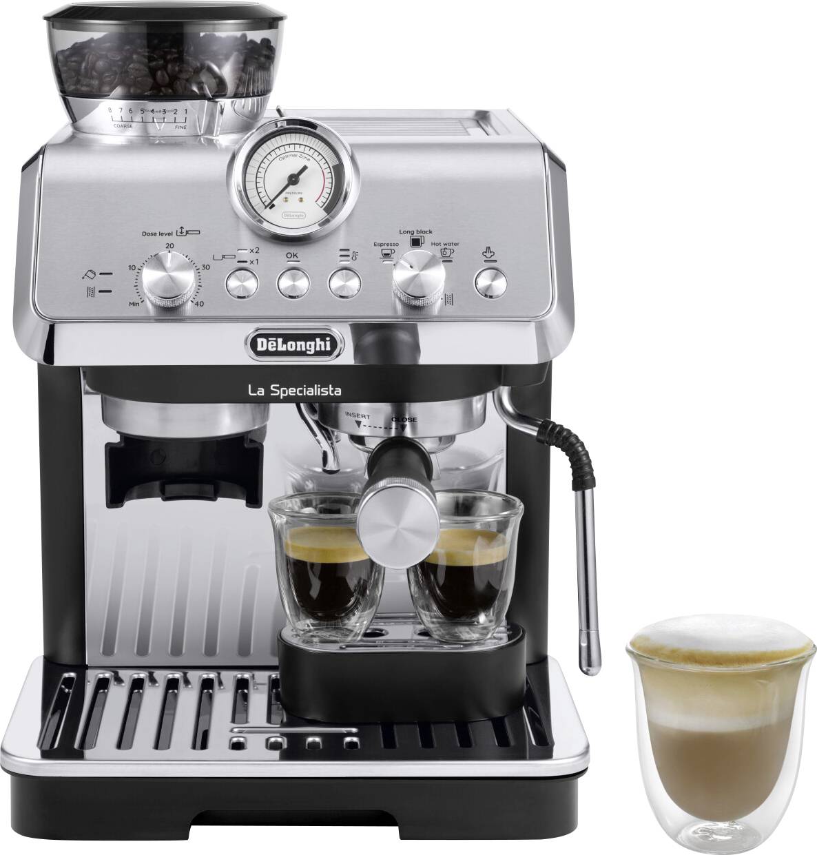 'Espresso machine with grinder, steam wand, gauge, and two glasses with espresso. A latte in a glass on the side.'