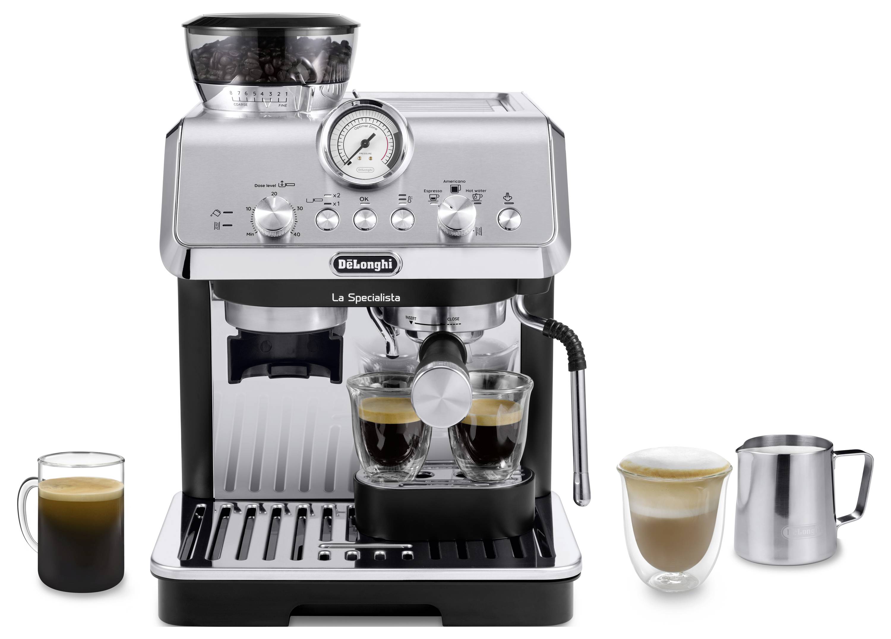 Espresso machine with grinder and steam wand brewing two espresso shots, surrounded by a coffee cup, a latte, and a milk frother.