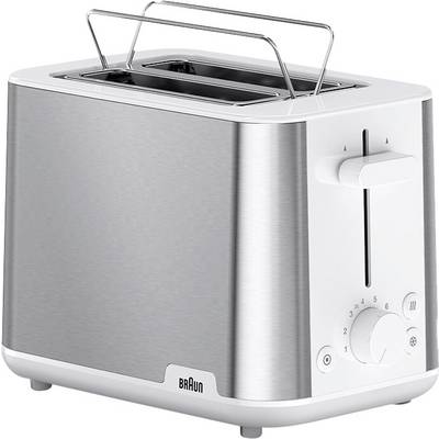 A stainless steel toaster with two slots, side lever, and a dial for adjusting toast settings.