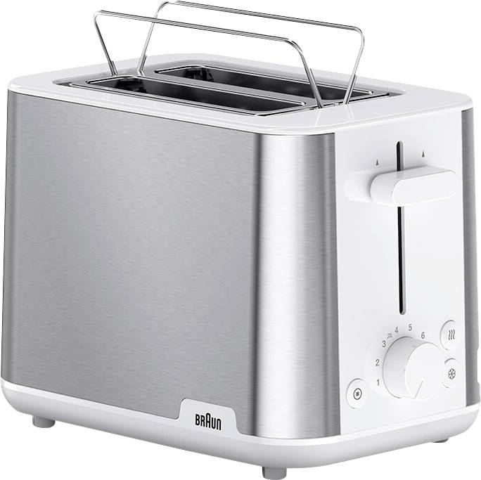 A modern stainless steel toaster with two slots, featuring a dial for browning levels and buttons for defrost and reheat functions.