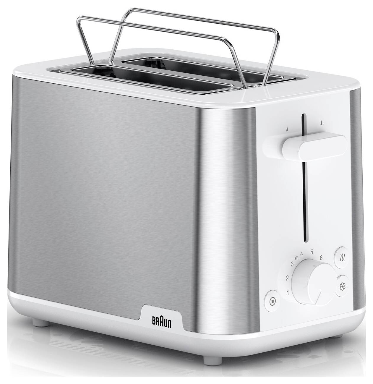 A stainless steel toaster with two slots, adjustable browning dial, and lever.