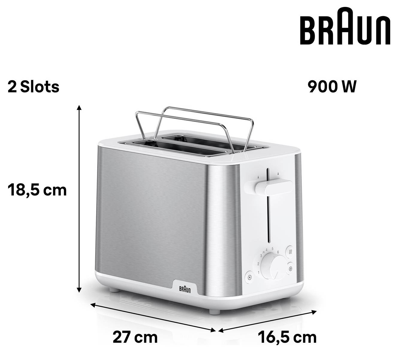 'Braun 900 W toaster with 2 slots, dimensions: 27 cm wide, 16.5 cm deep, 18.5 cm tall.'