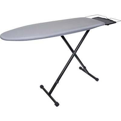 A gray, foldable ironing board with a black metal frame, featuring a small attached iron holder at one end.