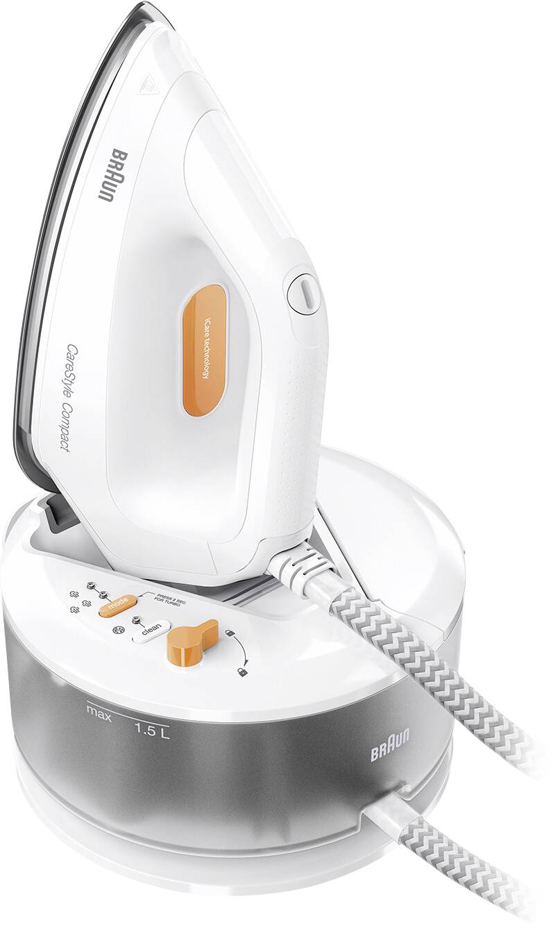 A white steam iron resting on a circular base, featuring a water level indicator, labeled 'max 1.5L', with a woven power cord.