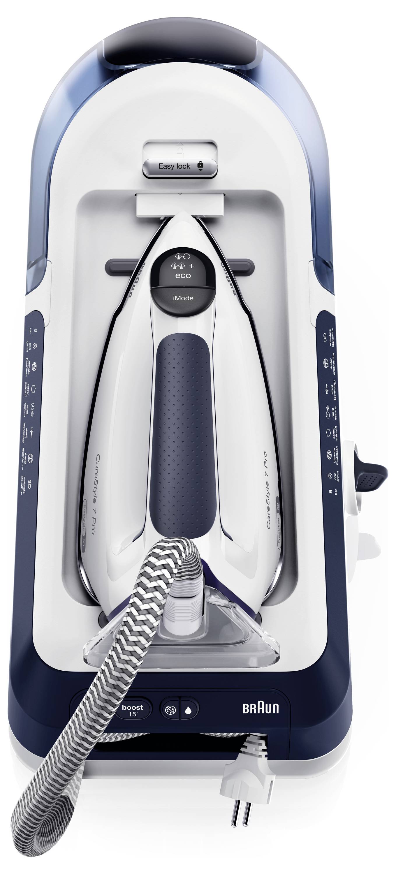 'A steam iron placed on its base station with visible control settings and a power cord.'