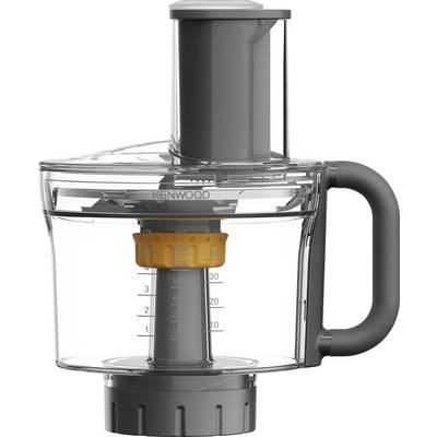 A food processor with a transparent bowl, handle, and measurement markings, featuring a central blade and a top feed tube.