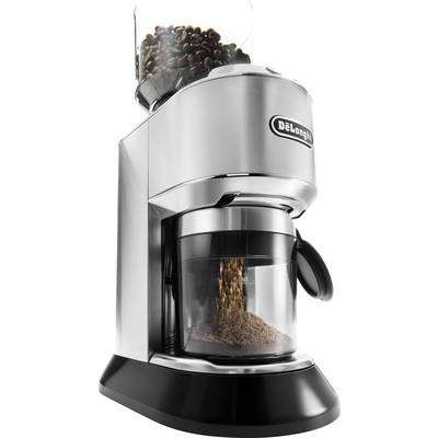A silver coffee grinder with a transparent top filled with coffee beans, grinding them into a container below. Brand logo visible on the front.