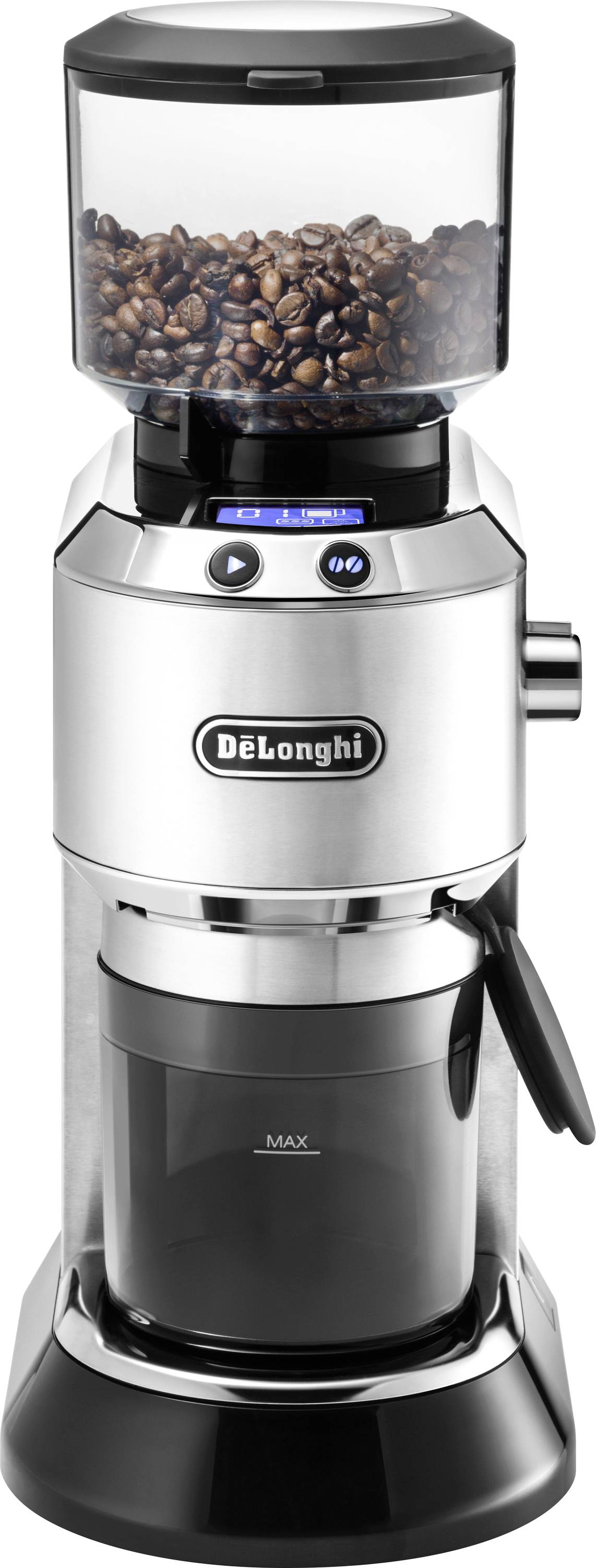 A silver De'Longhi coffee grinder with a transparent bean container filled with coffee beans, digital controls, and a ground coffee compartment.