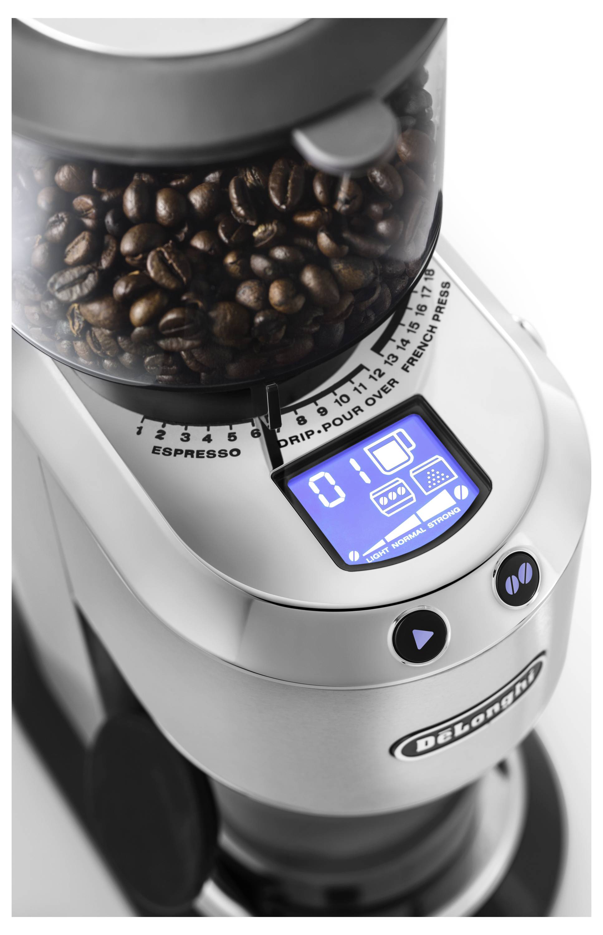'Coffee grinder with digital display showing settings icons, full of coffee beans. Controls for power and grind size visible.'