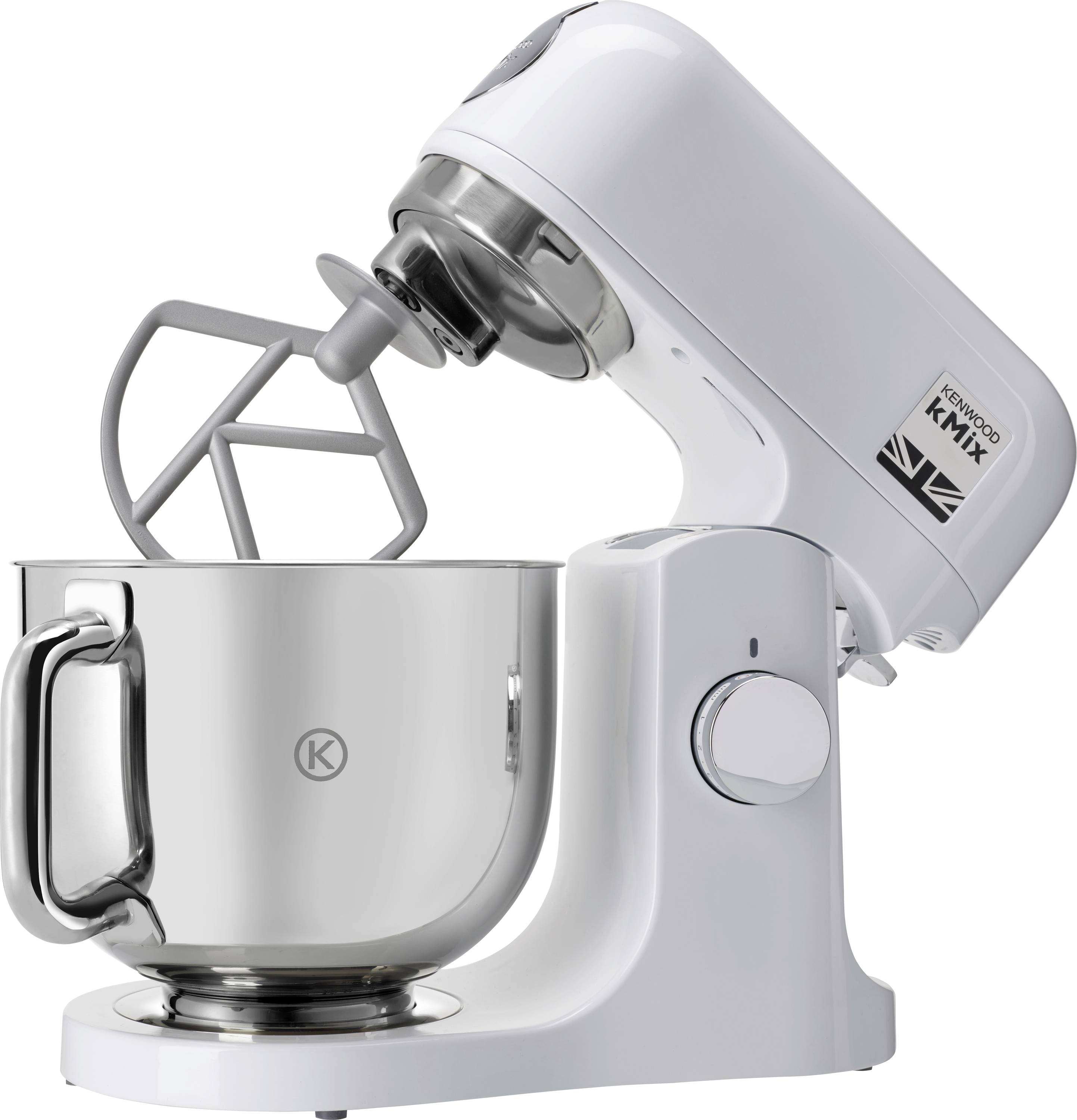 A white stand mixer with a metal mixing bowl and a flat beater attachment, designed for kitchen use.