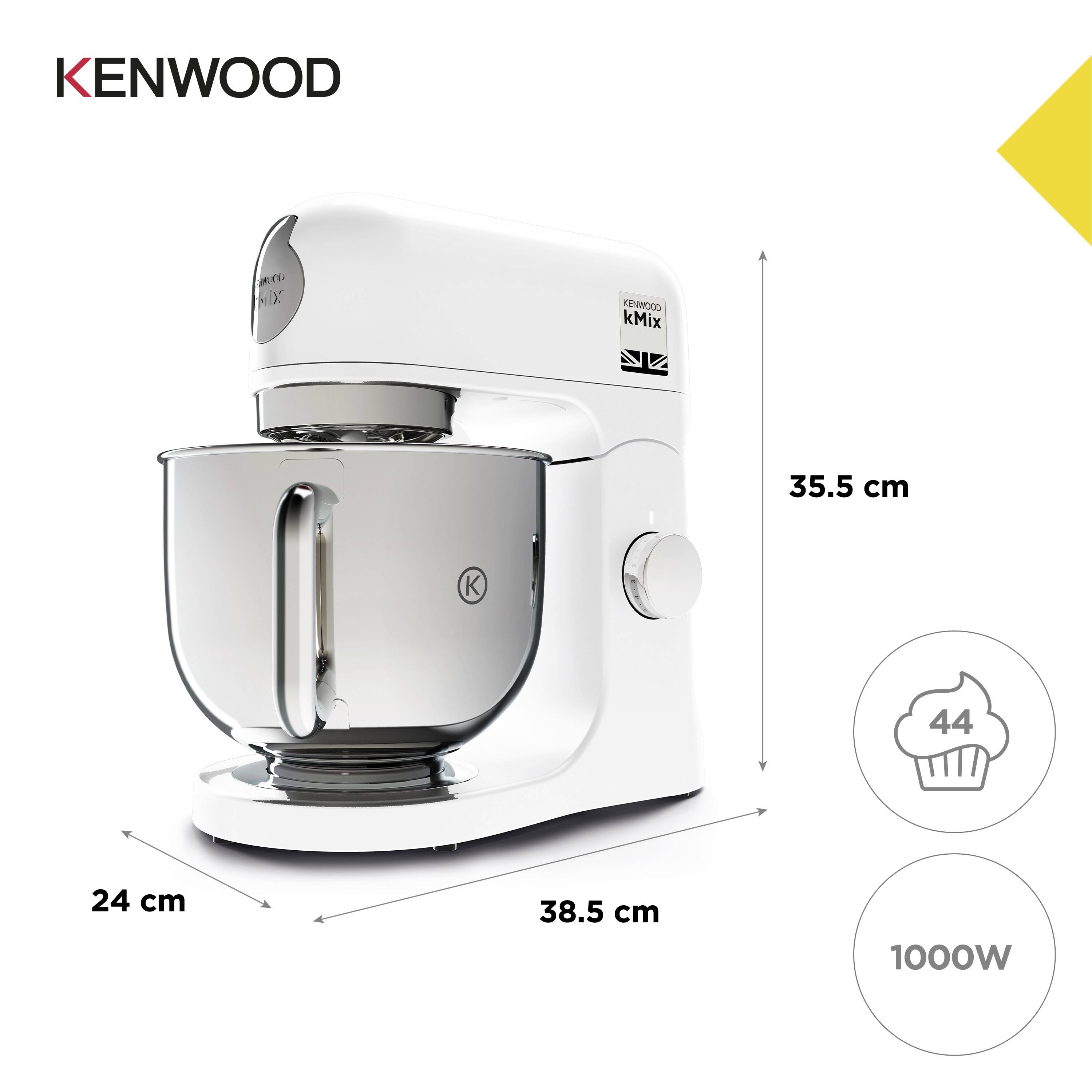 A white Kenwood kMix stand mixer with a stainless steel bowl, dimensions: 35.5 cm high, 38.5 cm deep, 24 cm wide, 1000W power.