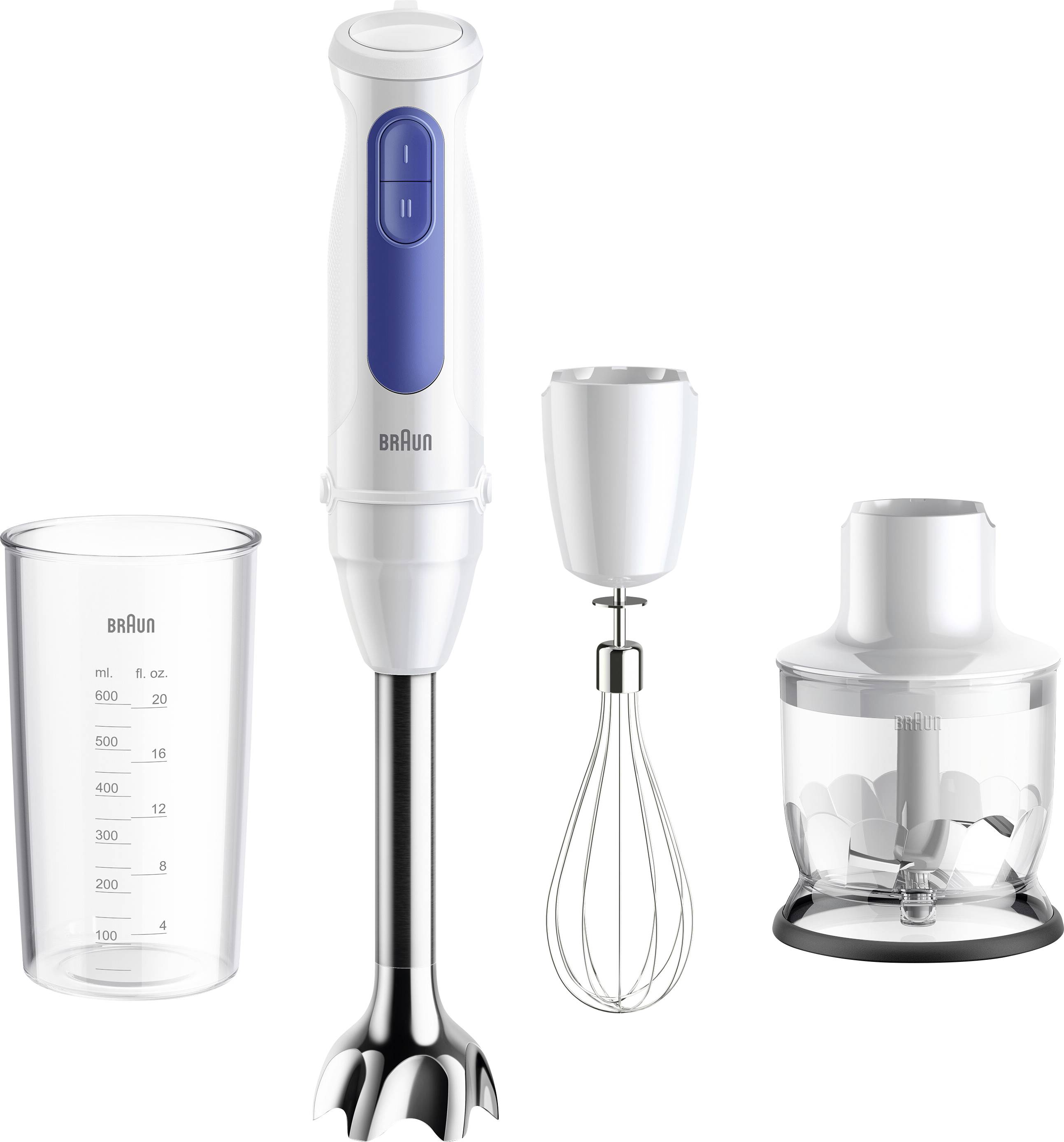 A white and blue hand blender set including a main handle, a whisk attachment, a blending shaft, a chopper, and a graduated beaker.