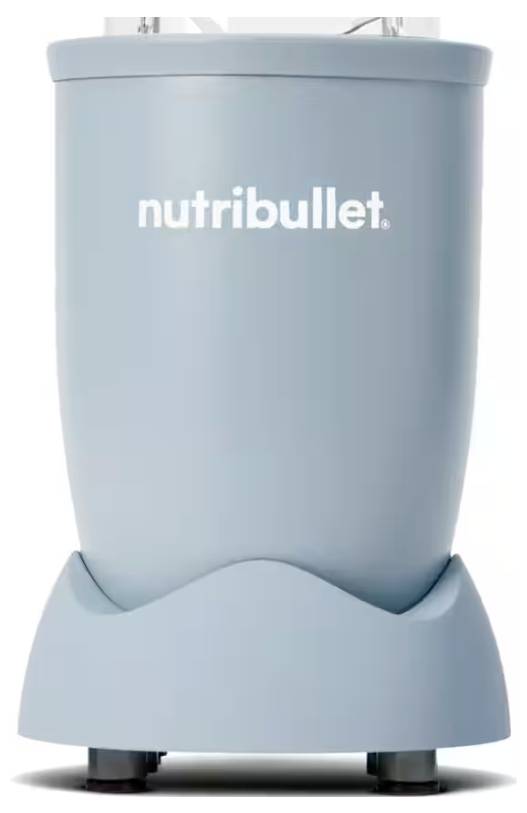 A blue Nutribullet blender base is shown, featuring the brand name in white text on the front.