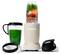 A compact NutriBullet blender filled with fruits, vegetables, almonds, and ice. Accompanied by a green smoothie in a cup, lid, and rim attachments.