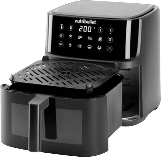 A digital air fryer showing a display with '200' and various settings. The drawer is slightly open, revealing the cooking tray inside.