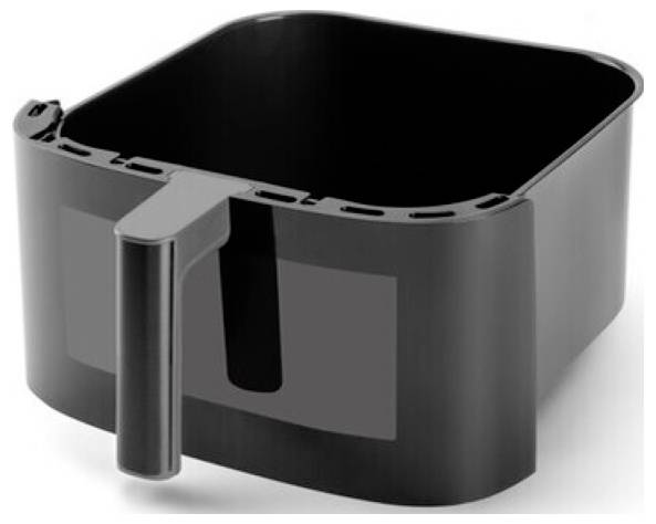 A square, black air fryer basket with a handle, designed for cooking food with minimal oil.