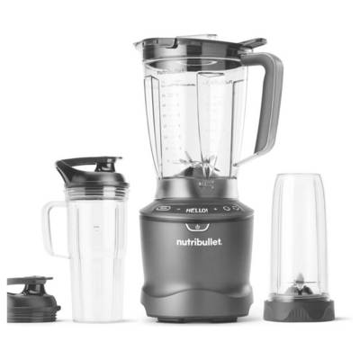 A black NutriBullet blender set with a main base, large blending jar, to-go cup with lid, and an additional small cup, all on a white background.