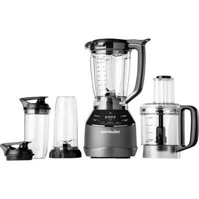 A sleek blender set with multiple attachments, including two bottles with lids, a blending jar, and a food processor, all labeled 'NutriBullet.'