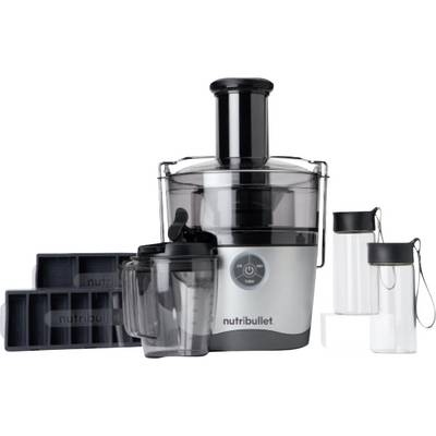 Nutribullet juicer with multiple attachments including a large cup, two smaller cups with lids, and ice trays, all in sleek design.