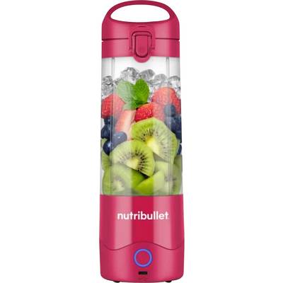 Red portable blender filled with fresh fruits, including kiwi, strawberries, and blueberries. Branded 'nutribullet' on the base.