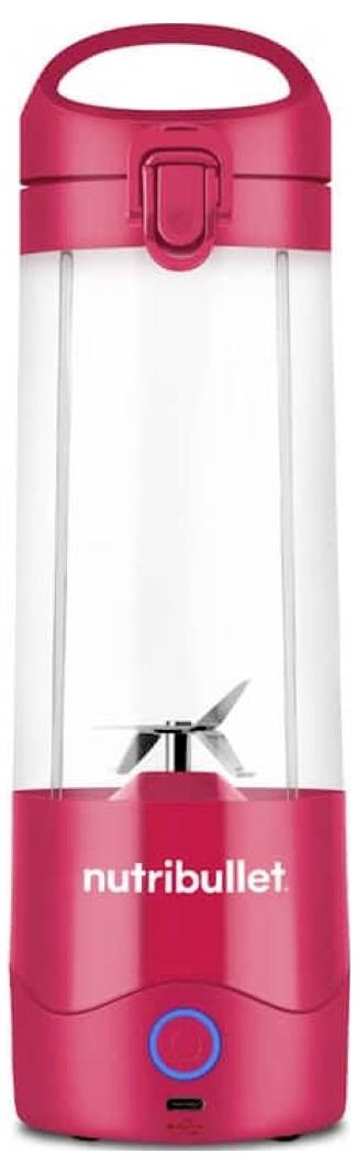Red Nutribullet portable blender with a handle, clear body, and visible blades, designed for smoothies and shakes on the go.