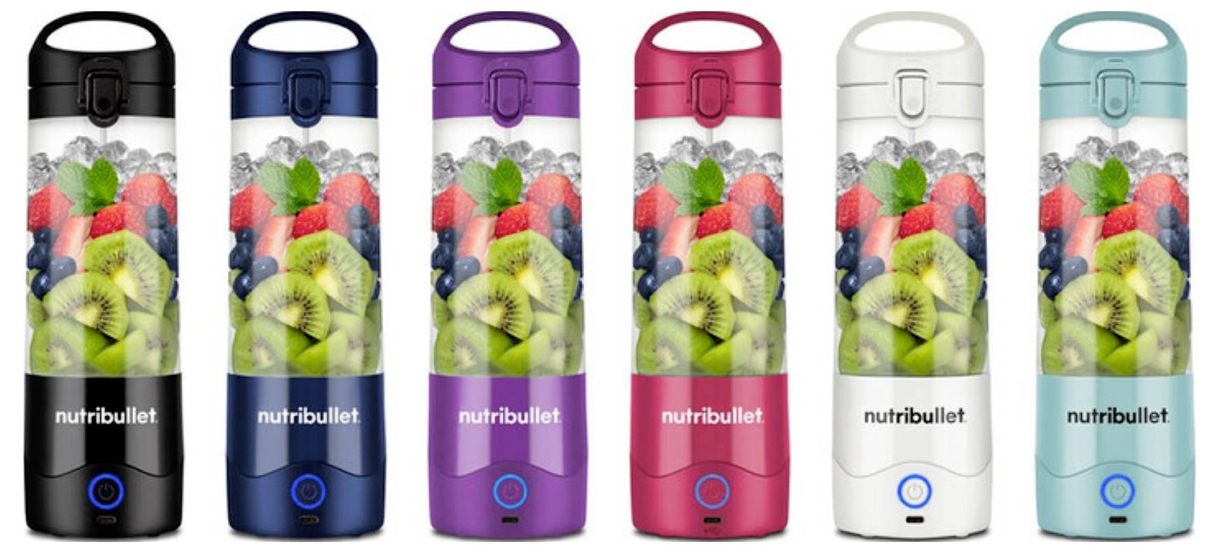 Six Nutribullet blenders in different colors, with images of fruits inside, showing variety in design and function.