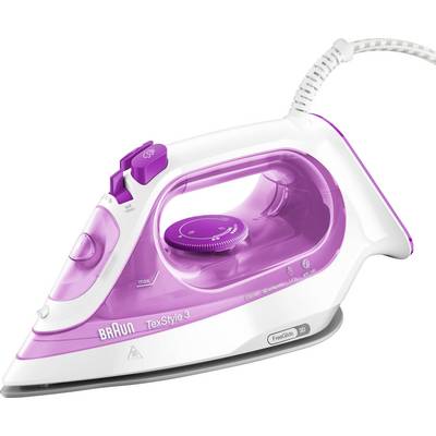 A pink and white steam iron with a dial for fabric settings, labeled 'Braun TexStyle 3'.