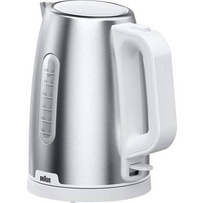 A stainless steel electric kettle with a white handle and a visible water level indicator, holding up to 1.7 liters.