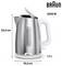 'Braun' branded stainless steel electric kettle with lid open, capacity 1.7 liters, power 2200 watts, height 22.4 cm, width 15.3 cm.