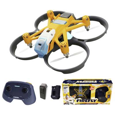 A yellow and black quadcopter with camera, propeller guards, and landing gear; includes a remote control and rechargeable battery.