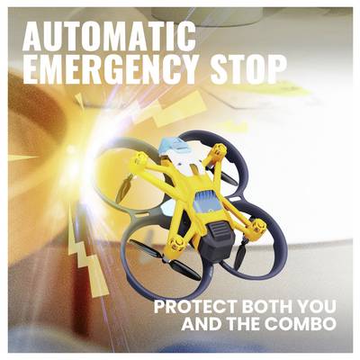 A small drone with four rotors hovers, showing 'Automatic Emergency Stop' in bold, with an emphasis on safety for 'you and the combo'.