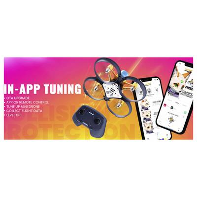 Bright graphic showing mini drone, remote control, and smartphone app screen with text: 'In-App Tuning: OTA upgrade, collect flight data.'